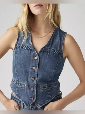 LEVI’S Premium Braided Denim Vest S 18” p2p Big Yikes Dark Wash $79 Retail NWT
